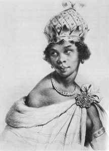 Nzinga usando elementos da cultura europeia e africana em uma gravura do século XVIII.